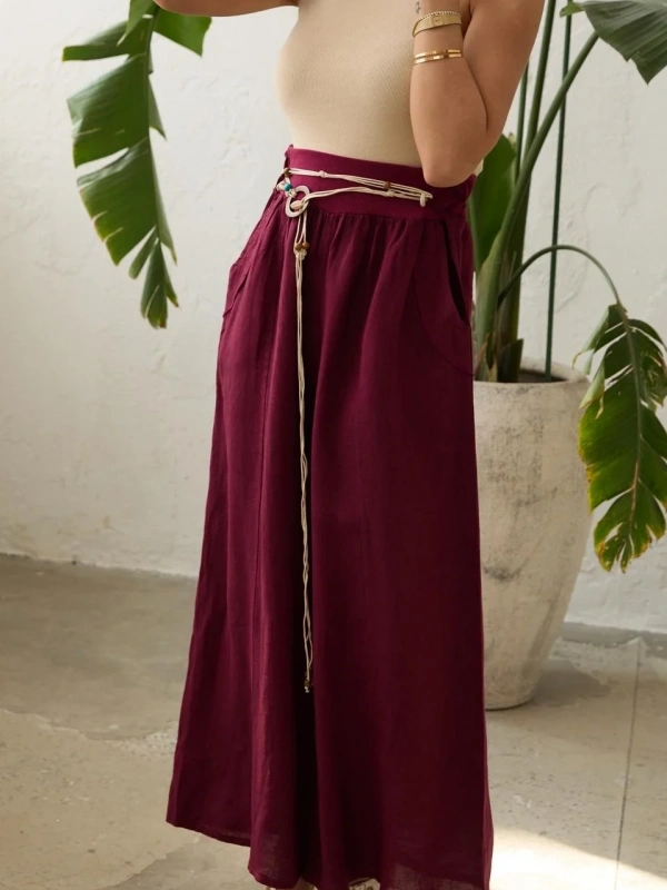 Kadın Fitilli Lastikli Keten Pantolon - Bordo