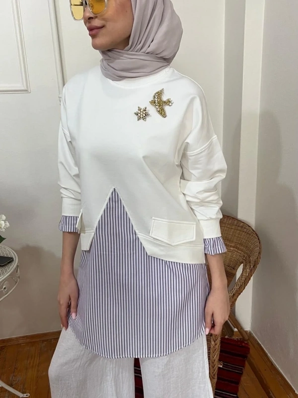 Kadın Cep Detaylı Lila Çizgili Sweat - Beyaz