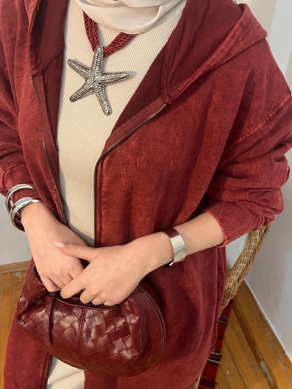 Kadın Kapüşonlu Yıkama Efektli Kap - Bordo