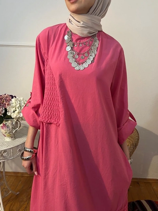 Kadın Örgü Detaylı Pamuk Elbise - Pembe