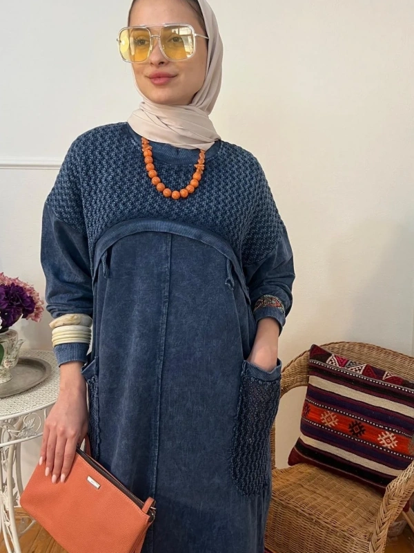 Kadın Örgü Bolero Elbise Takım - Lacivert