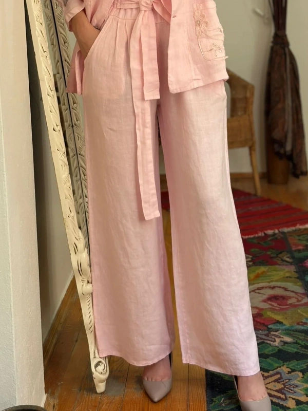 Beli Bağlamalı Keten Pantolon Pembe