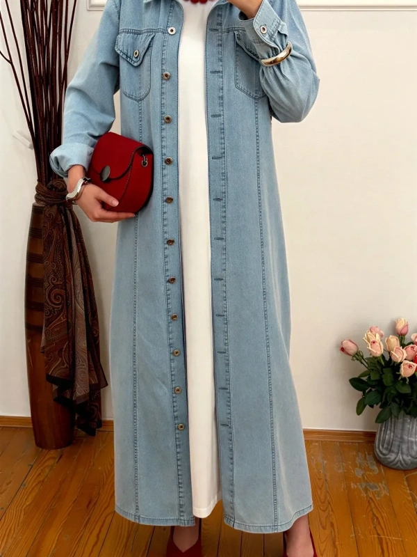 Denim Şeritli Trenç Açık Mavi