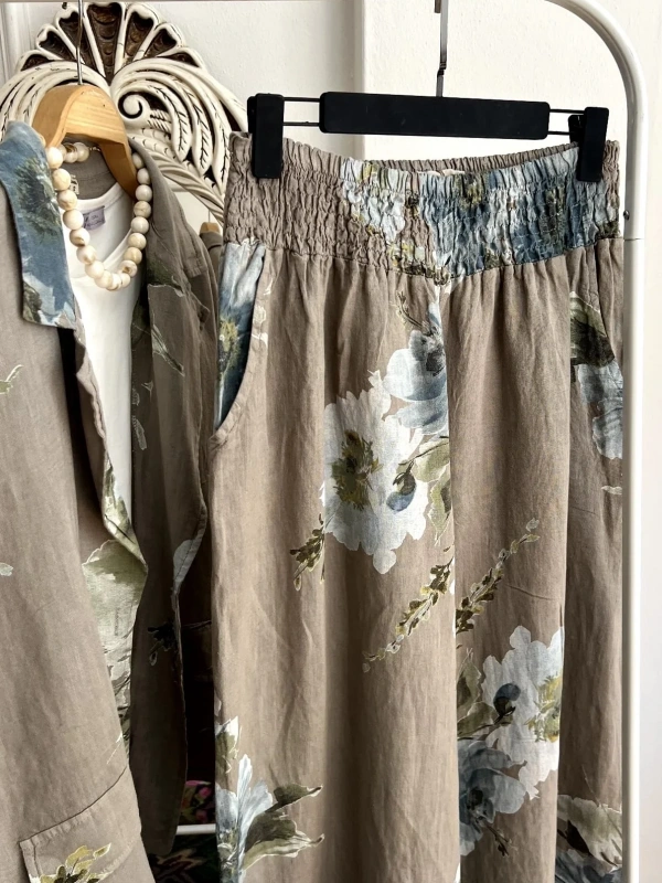 Floral Desen Blazer Takım Füme
