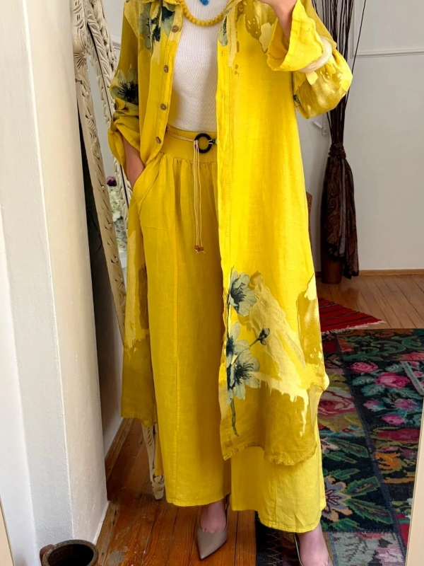 Floral Premium Keten İkili Takım Sarı