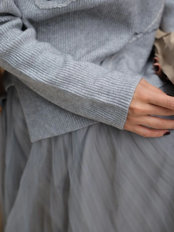 Kadın Asimetrik Dikişli Tüllü Triko Takım-Gri