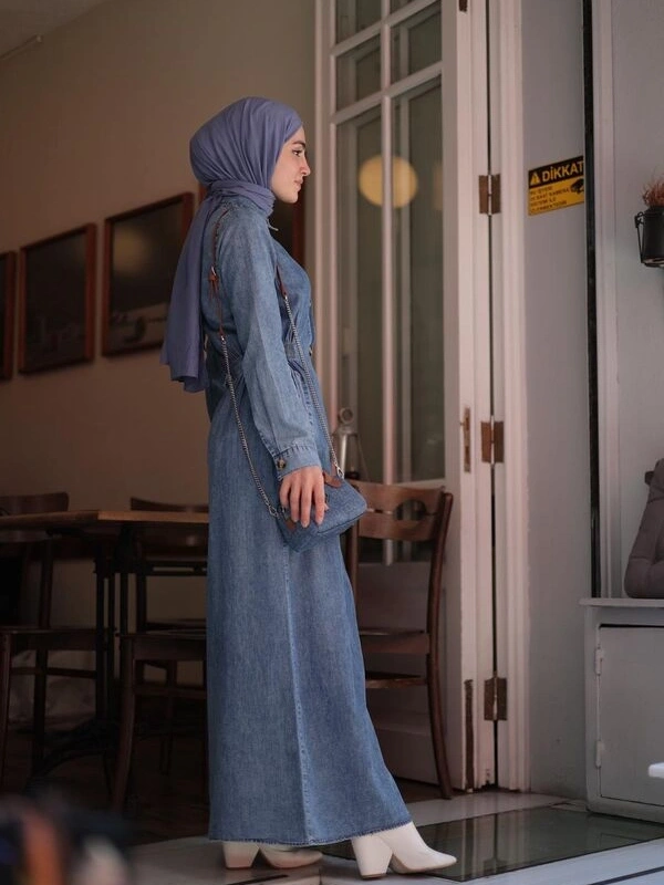 Kadın Beli Lastikli Denim Trençelbise-Açık Mavi