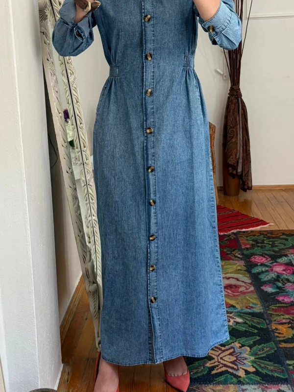 Kadın Beli Lastikli Denim Trençelbise-Açık Mavi