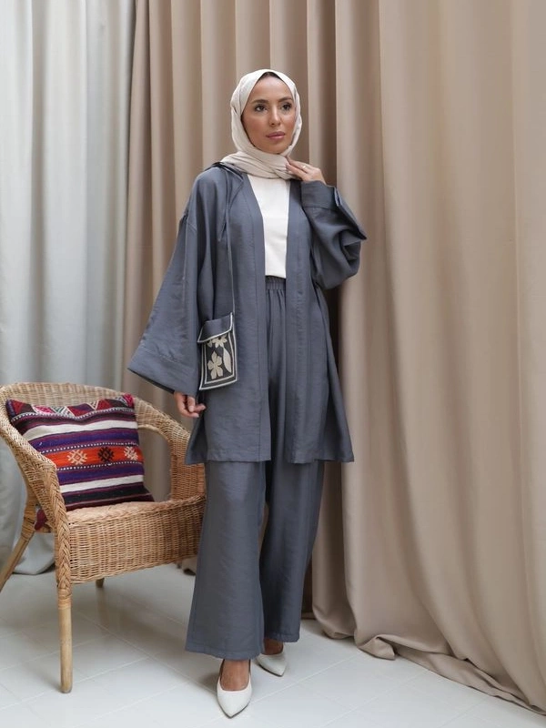 Kadın Çantalı Kimono Takım- Antrasit