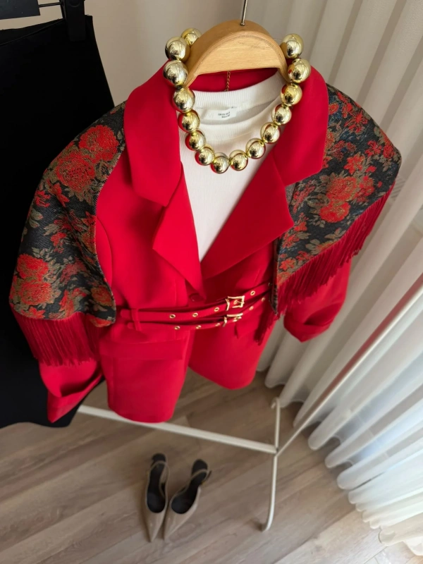 Kadın Çift Kemerli Valentina Kırmızı Blazer