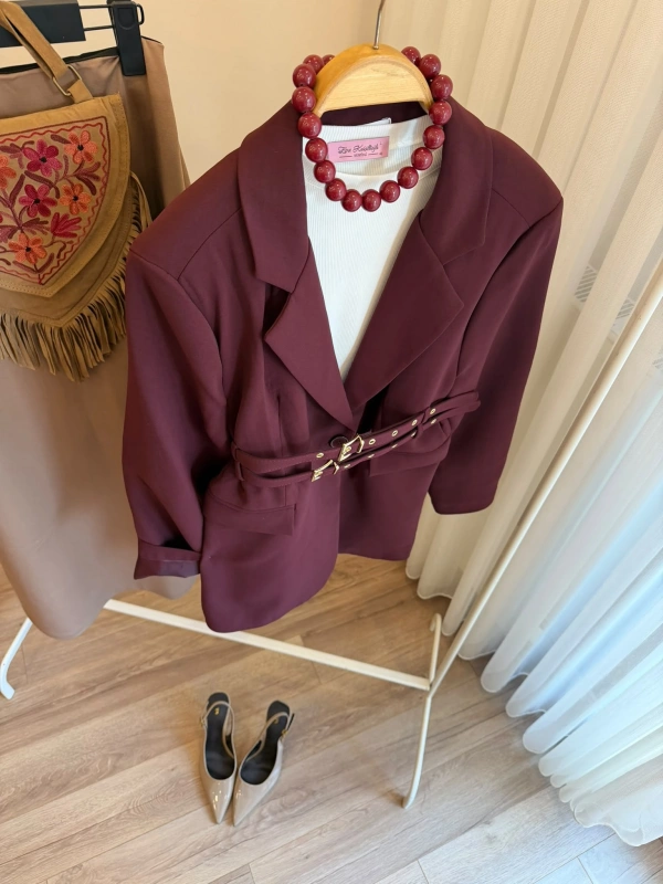 Kadın Çift Kemerli Valentina Mürdüm Blazer