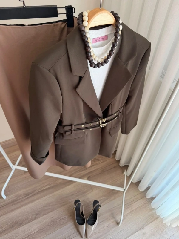 Kadın Çift Kemerli Valentina Taupe Blazer