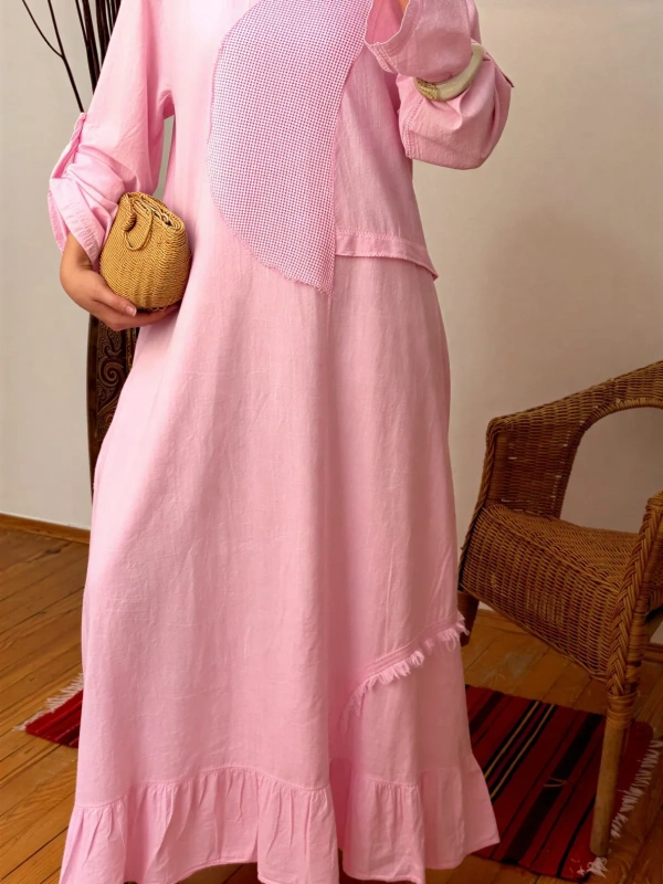 Kadın File Detaylı Pamuk Elbise - Pembe
