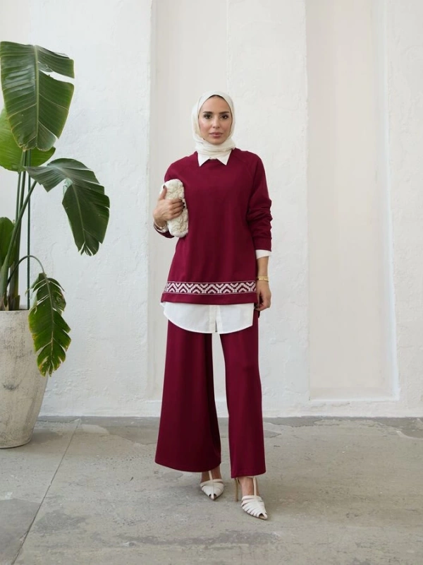 Kadın Modal Nakışlı Takım-Bordo