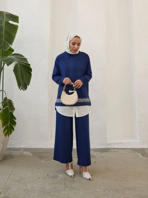 Kadın Modal Nakışlı Takım-Mavi