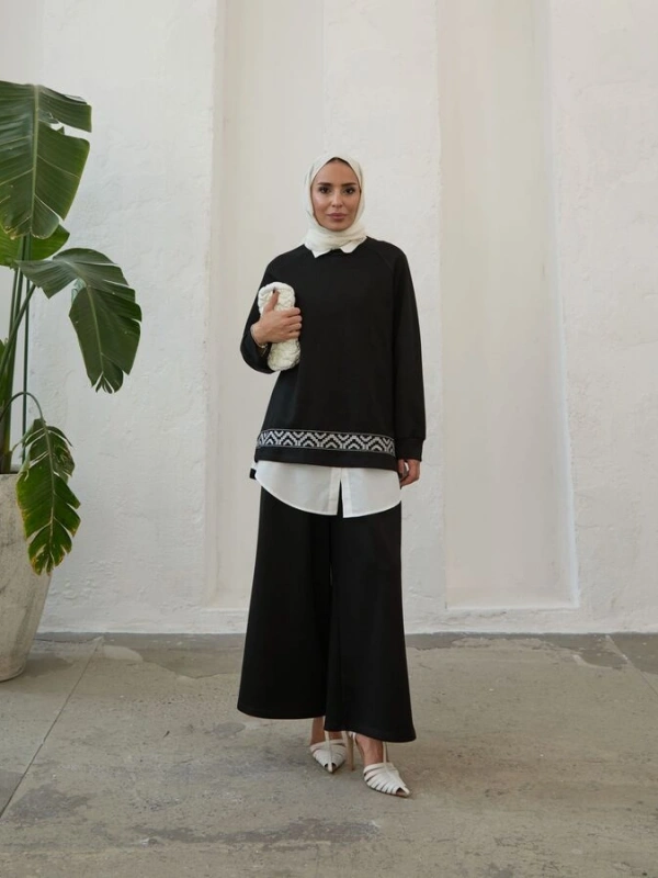 Kadın Modal Nakışlı Takım-Siyah