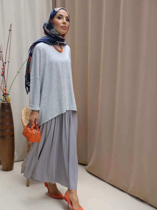 Kadın Pileli Zarafet Takım-Gri