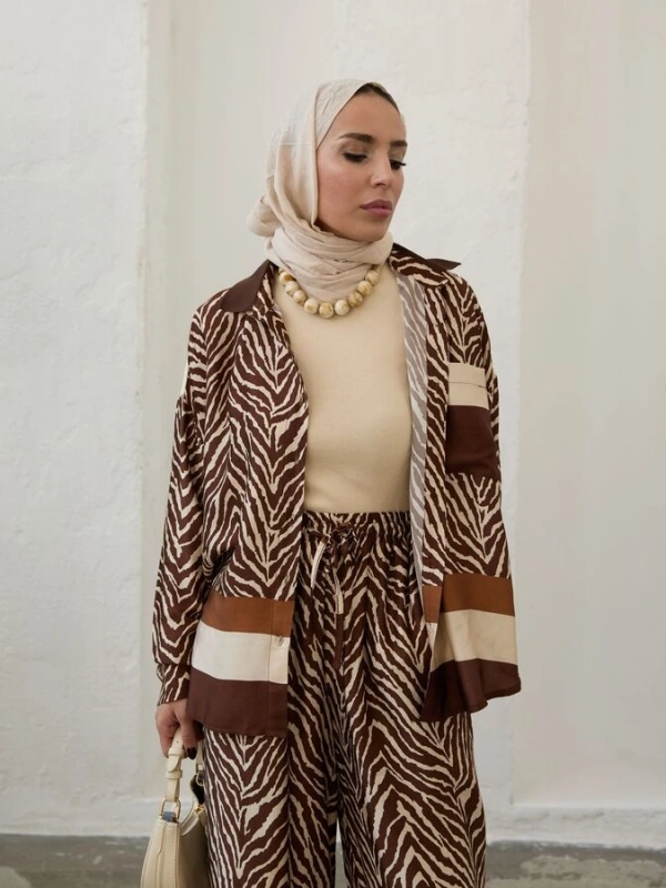 Kadın Saten İkili Çizgili Takım