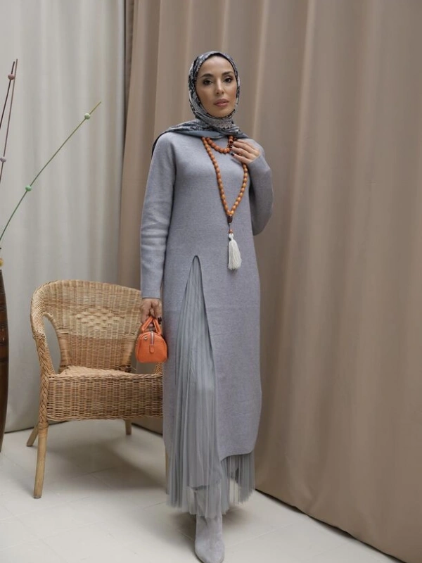 Kadın Yırtmaç Detaylı Elbise&Etek Takım-Gri