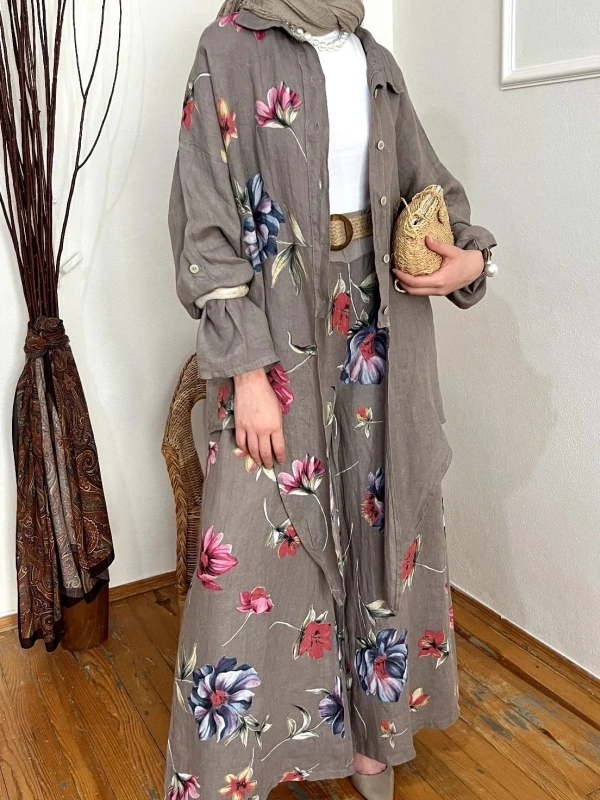 Keten Floral Stilhack Füme Takım