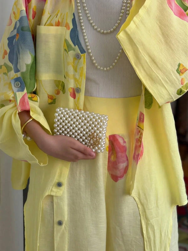 Keten Floral Stilhack Takım Sarı