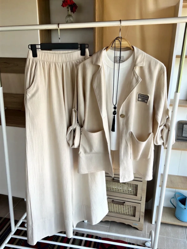 Pamuk Blazer Takım Bej