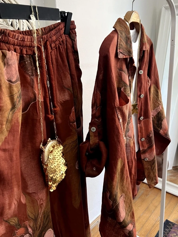 Payetli Floral İkili Takım Bordo