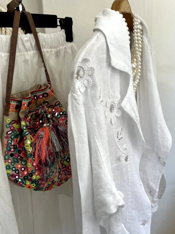 Pul Payetli Keten Blazer Ceket Beyaz