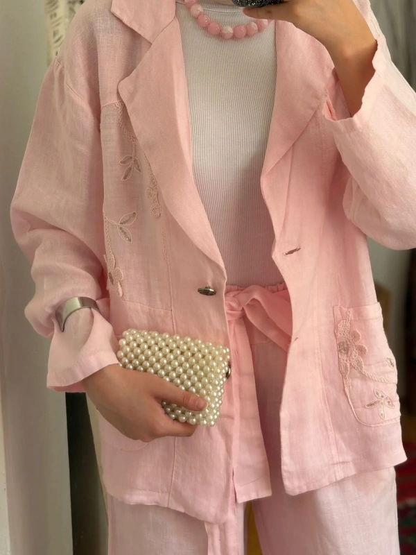 Pul Payetli Keten Blazer Ceket Pembe