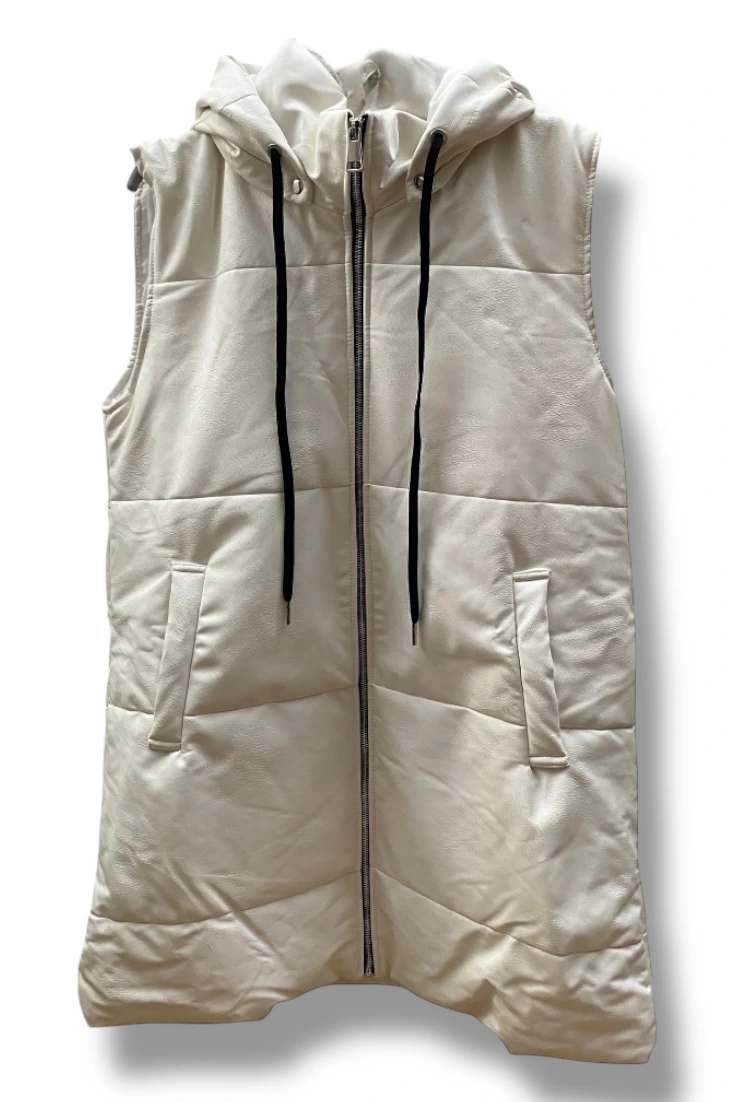 Kapüşonlu deri yelek-beyaz