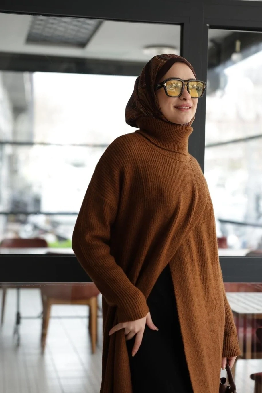 Balıkçı Yaka Triko Tunik Boydan Yırtmaçlı Kiremit