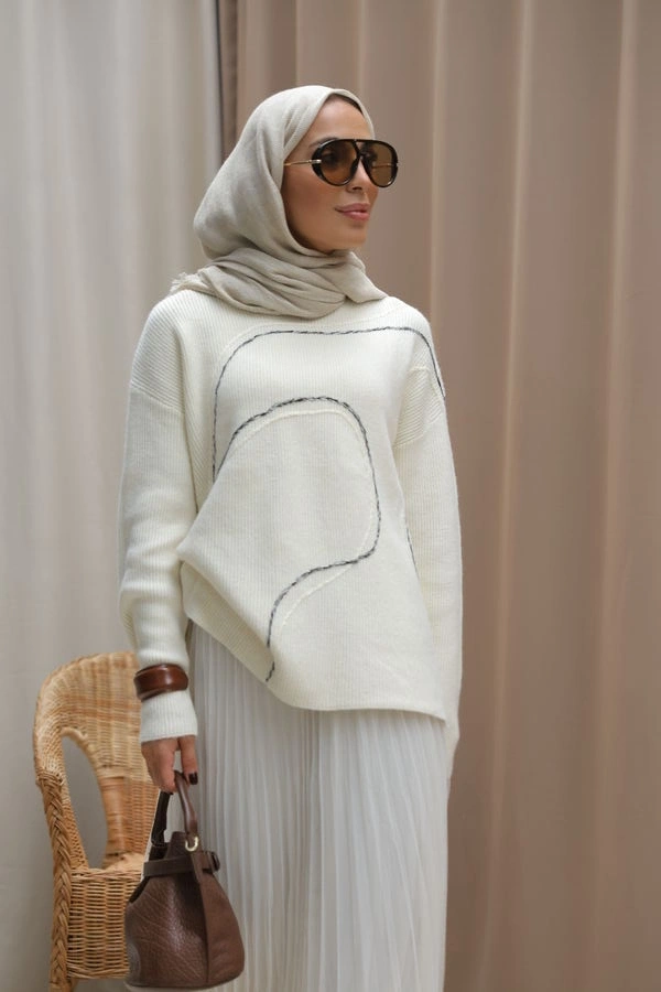 Kadın Asimetrik Dikişli Tüllü Triko Takım-Ekru