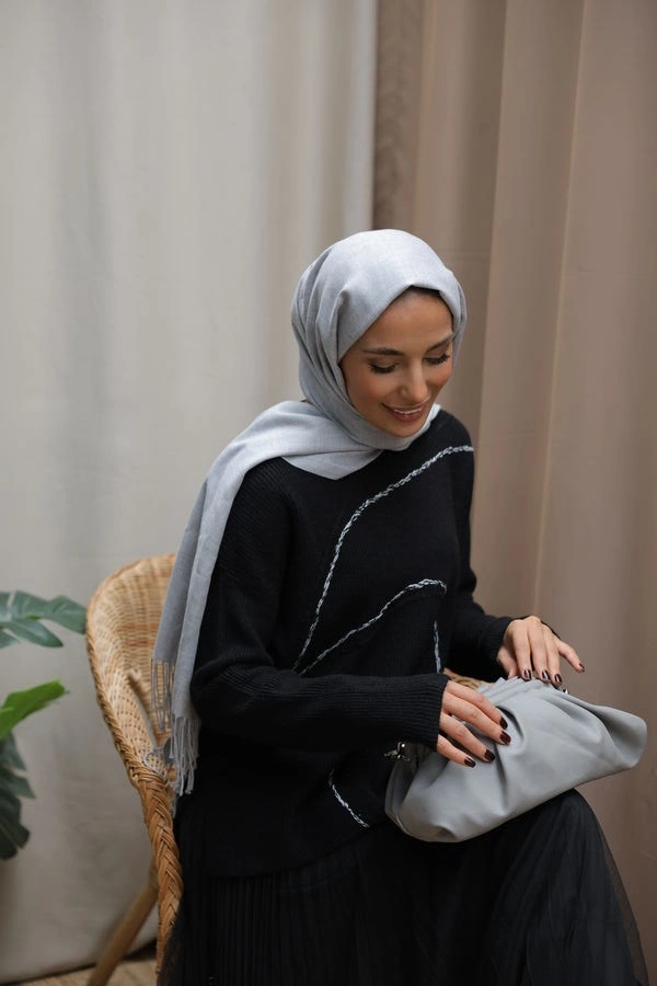 Kadın Asimetrik Dikişli Tüllü Triko Takım-Siyah