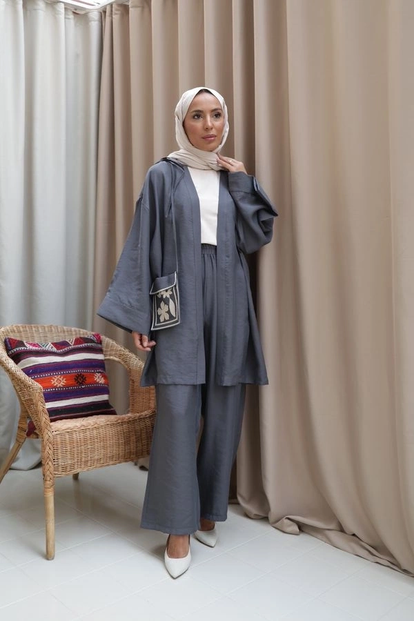 Kadın Çantalı Kimono Takım- Antrasit