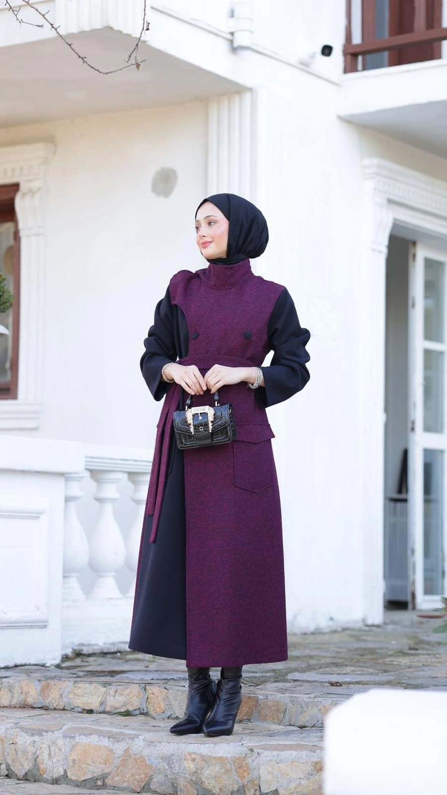 Kadın Kaşe Sekiz Düğmeli Kap-Bordo