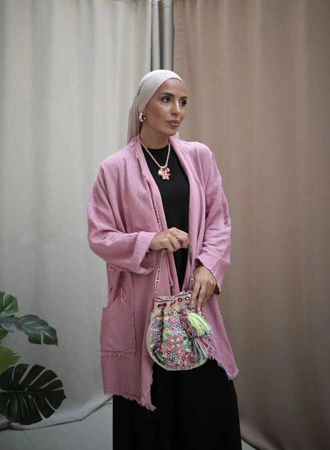 Kadın Keten Püsküllü Kısa Tunik-Pudra Pembe