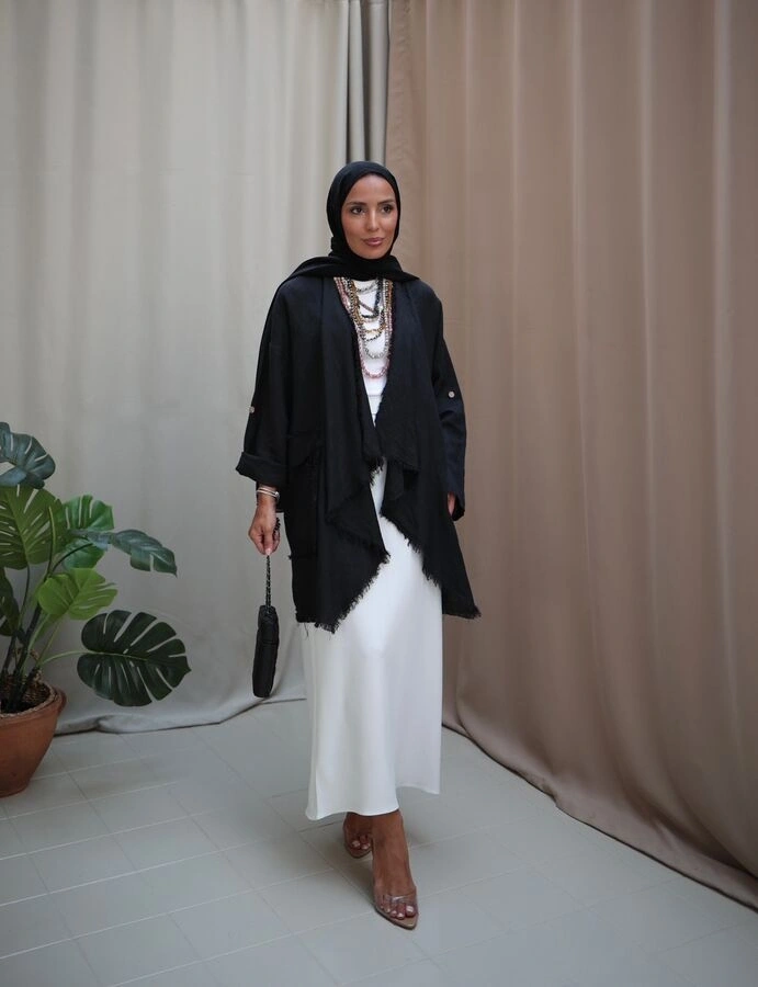 Kadın Keten Püsküllü Kısa Tunik-Siyah