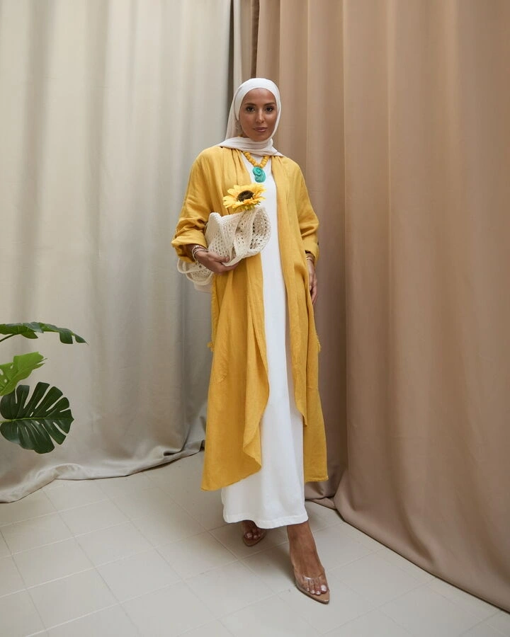 Kadın Keten Püsküllü Uzun Tunik-Hardal