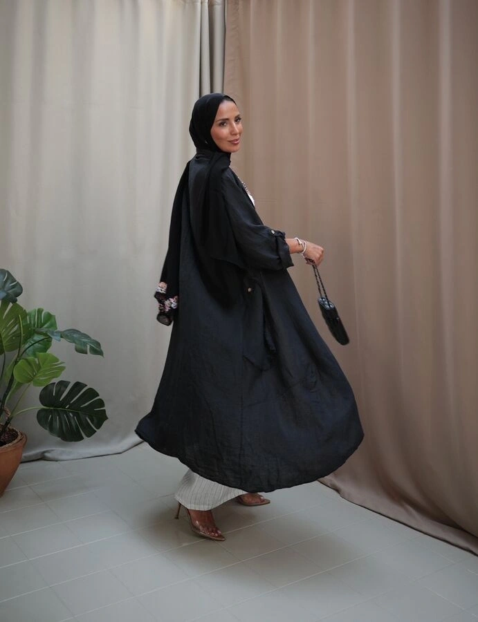 Kadın Keten Püsküllü Uzun Tunik-Siyah