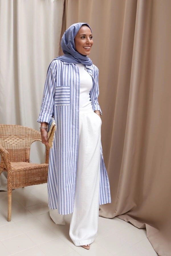Kadın Mavi Çizgili Gömlek Tunik