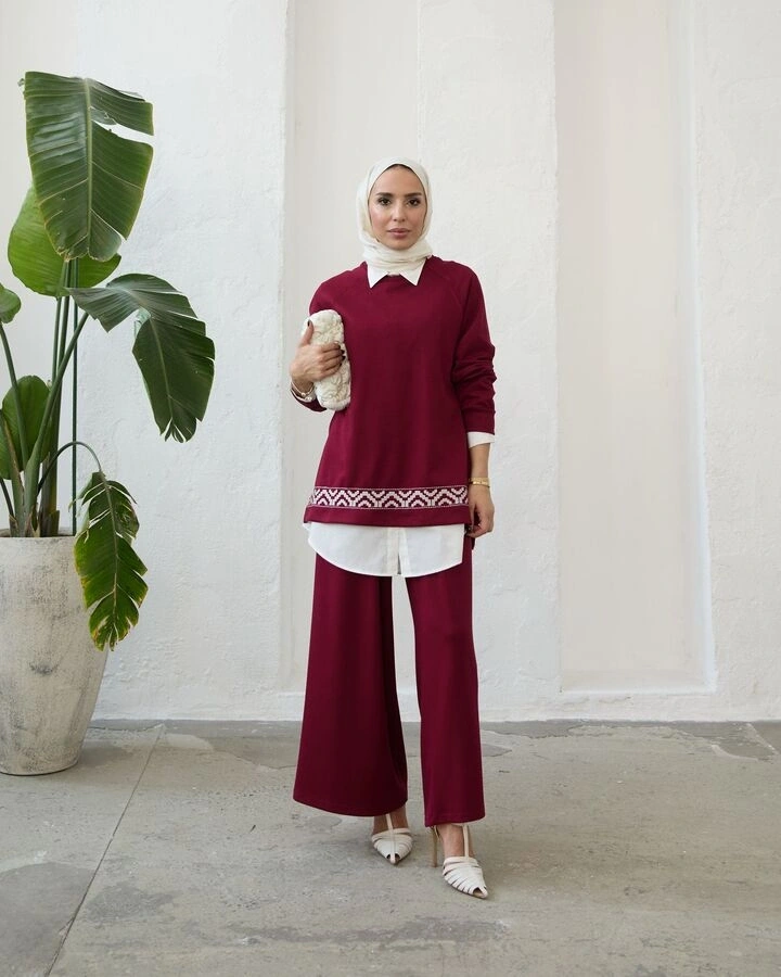 Kadın Modal Nakışlı Takım-Bordo