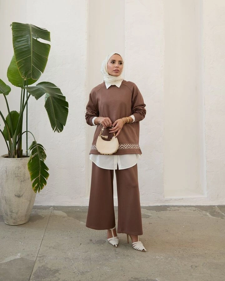 Kadın Modal Nakışlı Takım-Kahve