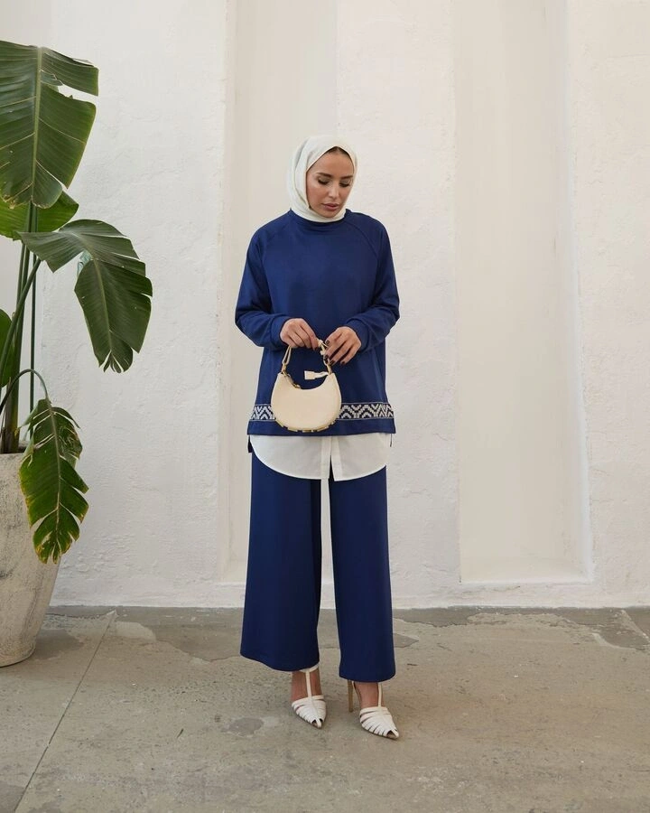 Kadın Modal Nakışlı Takım-Mavi