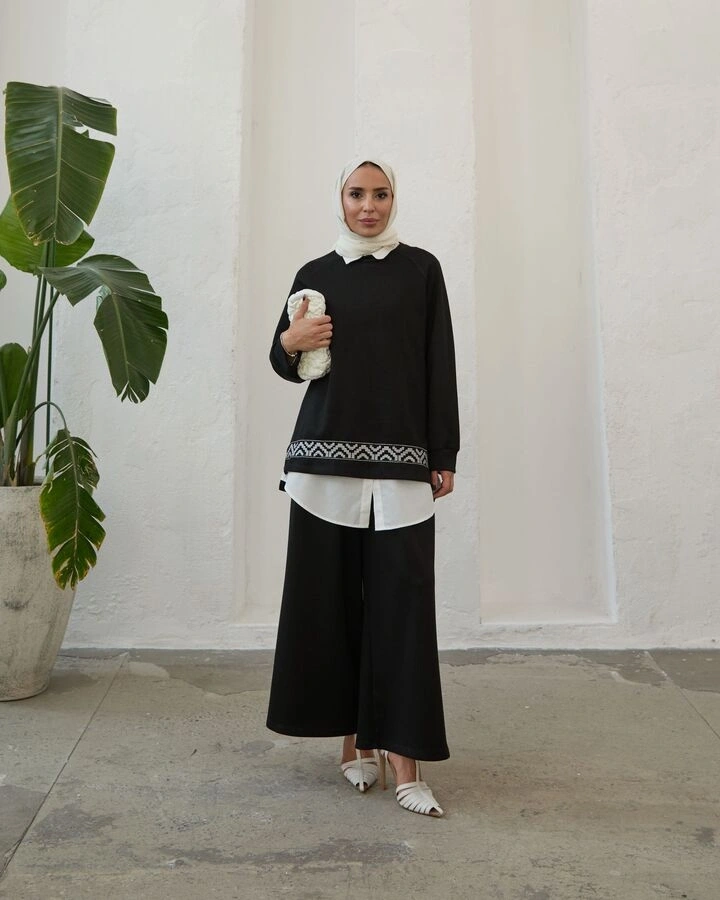 Kadın Modal Nakışlı Takım-Siyah