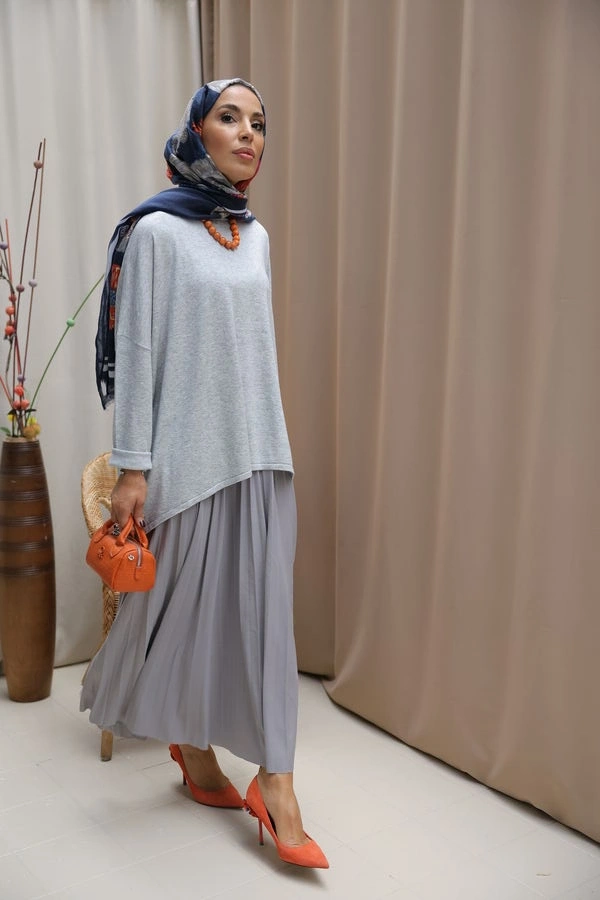 Kadın Pileli Zarafet Takım-Gri