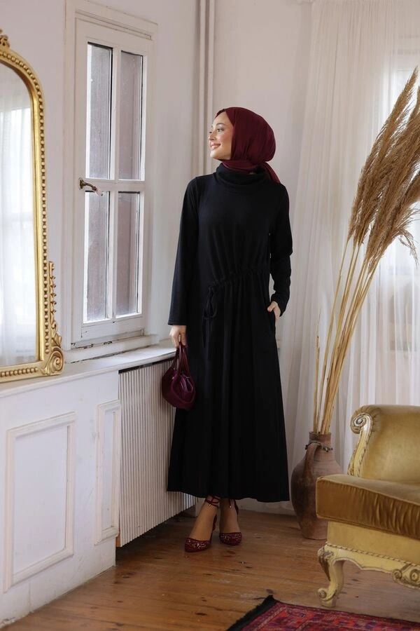 Kadın Selanik Beli Büzgülü Elbise-Siyah