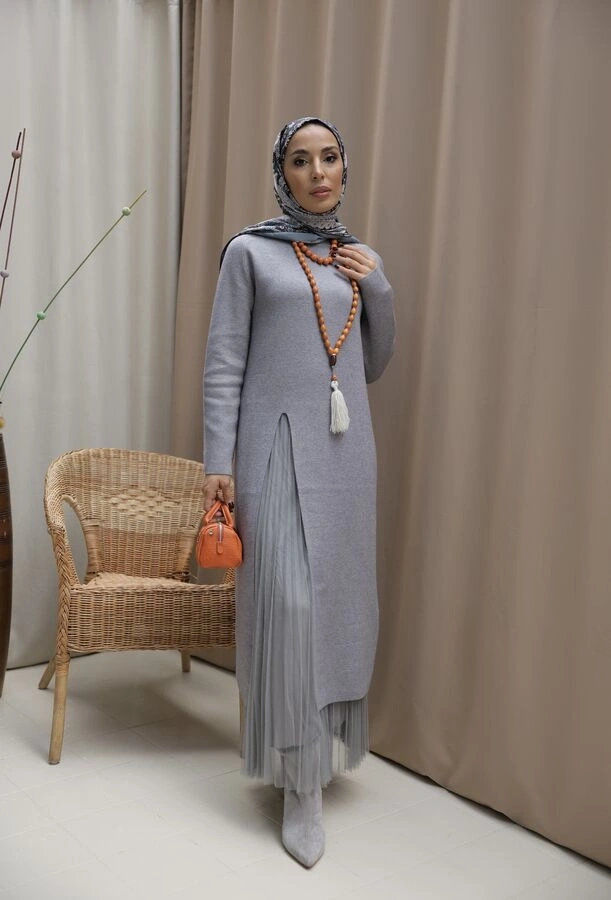 Kadın Yırtmaç Detaylı Elbise&Etek Takım-Gri