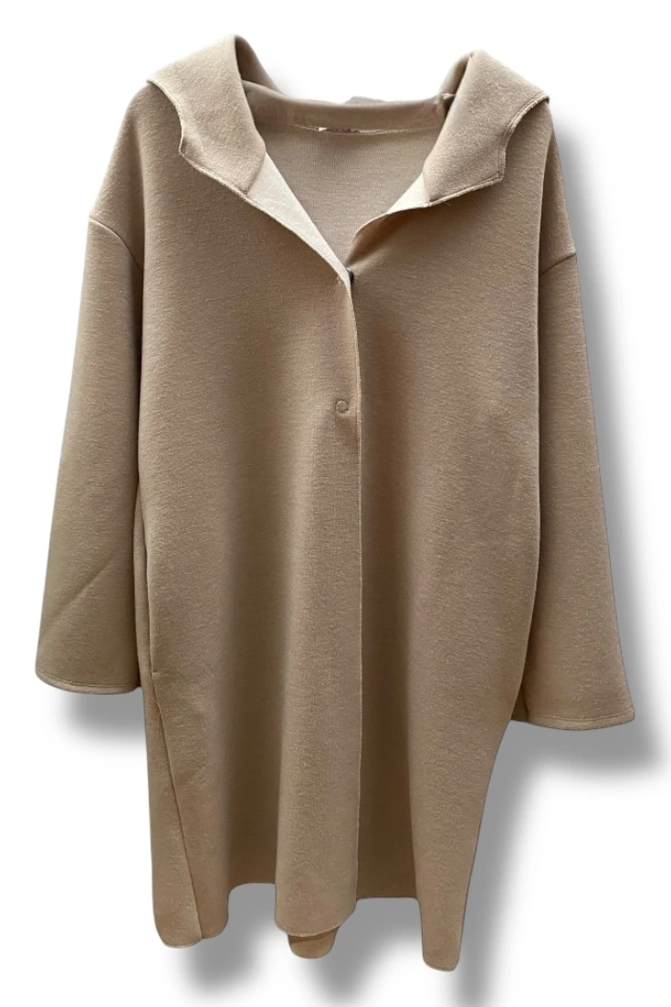 Kapüşonlu bej triko cepli sweat