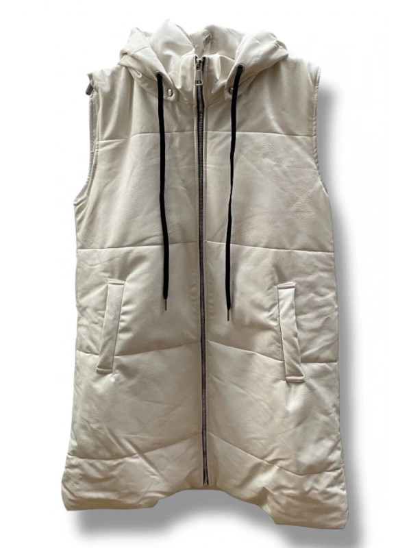 Kapüşonlu deri yelek-beyaz