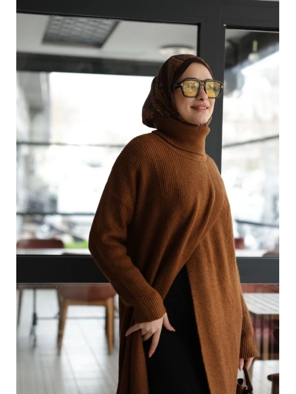 Balıkçı Yaka Triko Tunik Boydan Yırtmaçlı Kiremit